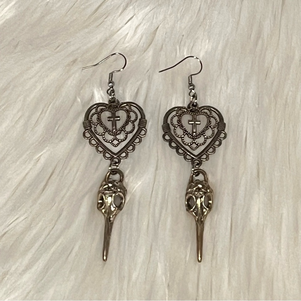 Gothic Dangle Earrings Heart Cross Bird Skull Dark Art Goth